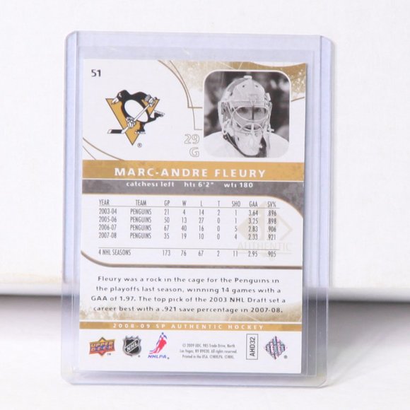 Marc-Andre Fleury 2008-09 Upper Deck SP Authentic Hockey Card Limited 082/100 - Picture 2 of 2